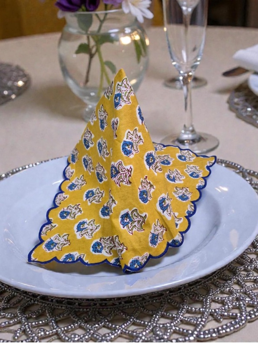 Floral Scalloped Cloth Napkins 100% Cotton 16x16” MUSTARD BLUE (Set of 6)